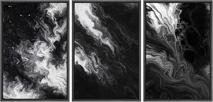 SIGNFORD Framed Wall Art Print Set Black and White Marble Abstract Modern Fluid Digital Art Modern Art Contemporary for Living Room, Bedroom, Office - 24"x36"x3 Black