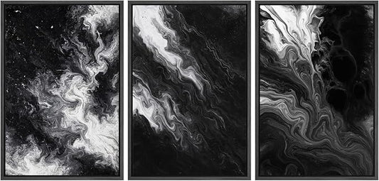 SIGNFORD Framed Wall Art Print Set Black and White Marble Abstract Modern Fluid Digital Art Modern Art Contemporary for Living Room, Bedroom, Office - 24"x36"x3 Black