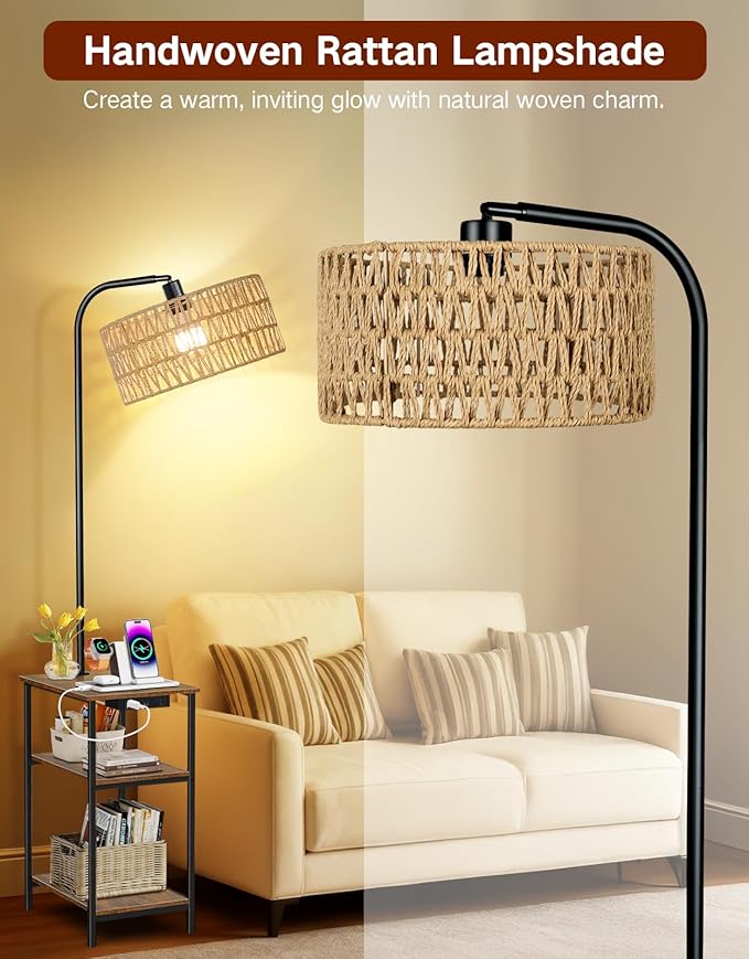Floor Lamp with Table & Rattan Shade, Side End Table with Charging Station, Dimmable Nightstand with 3 Color Temperatures, 1-Hour Timer, 12W LED Bulb, for Living Room, Bedroom(Rustic Brown)