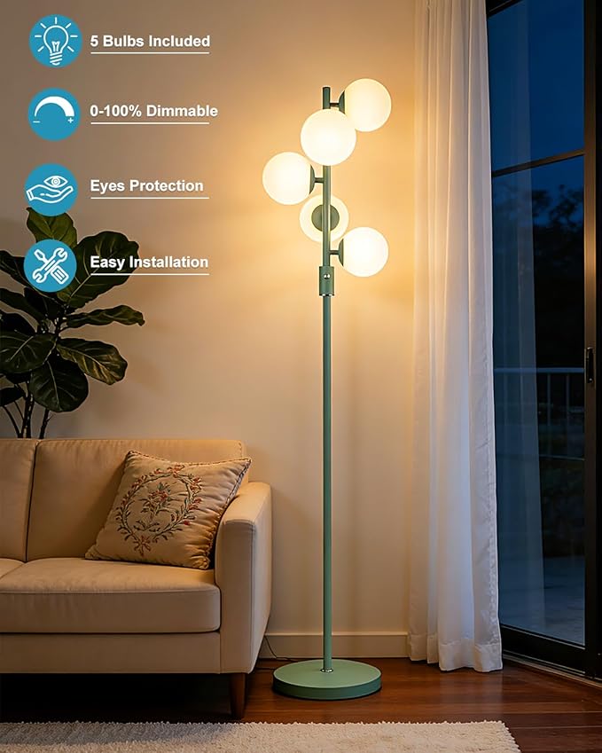 Lightdot Dimmable Globe Floor Lamp Mid Century Modern Floor Lamp with 5Pcs 3000K G9 Bulbs Stepless Brightness Adjustable Green Standing Lamps with Stable Base for Living Room Bedroom Office