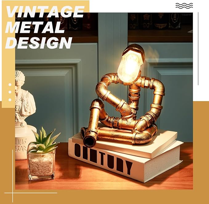 VIHOSE Steampunk Table Lamp, Creative Pipe Robot Lamp, Vintage Industrial Water Pipe Light for Bedside Nightstand Reading Room Office Cafe Bar Decor Father's Day Men Gifts