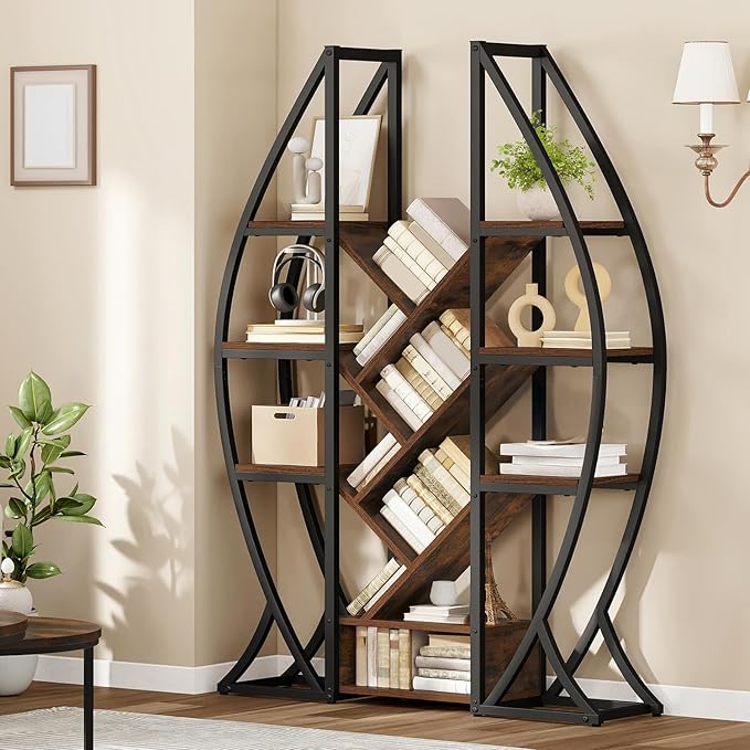 DWVO Oval Bookshelf, Triple Wide 5 Tier Etagere Bookcase, Industrial Display Shelves for Living Room, Bedroom, Home Office, Rustic Brown