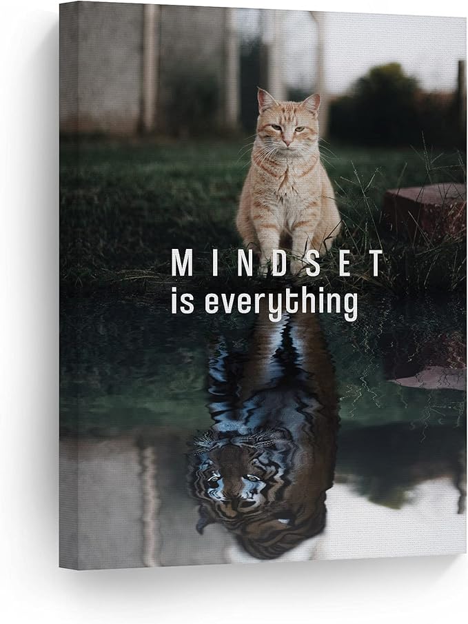 Smile Art Design Mindset is Everyting Brown Cat and Tiger Reflection Motivational Wall Art Canvas Print Inspirational Entrepreneur Quote Office Living Room Decor Gift Ready to Hang 22x15