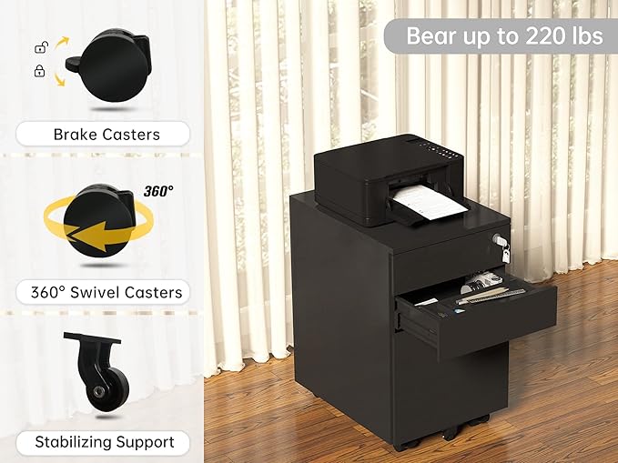 3 Drawer Locking Mobile Metal Storage, File Cabinet for Home or Office, Assembled (Except Casters), Black