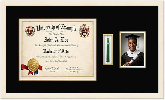 CountryArtHouse Diploma Tassel and Photo Shadowbox Fits 15 x 12 Military/Government with Tassel Hook Coastal Whitewash Genuine Hardwood with Black Over Metallic Gold Double mat