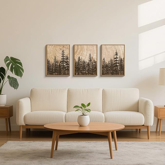 Modern Pine Tree Framed Canvas Wall Art,Natural Woodland Wall Decor,Vintage Brown Rings Painting,Neutral Forest Landscape Artwork for Living Room,Bedroom,Kitchen,Study,Office - 12"x16"x3