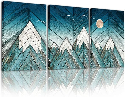 blue Abstract Canvas art Prints Wall Art Paintings for Living Room family kitchen Bedroom bathroom Wall decor modern Wall Artworks mountain Pictures Vintage wood grain 3 Piece Home Decoration posters