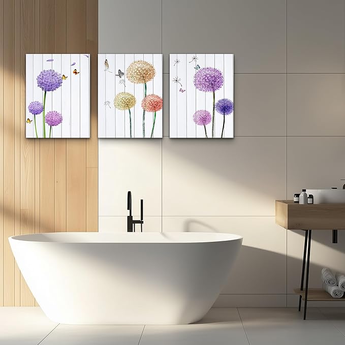 MHARTK66 Wall Art for Bedroom Wall Art Set of 3, Minimalist Wall Art Colorful Dandelion Canvas Artwork Paintings, Abstract Botanical Pictures for Modern Farmhouse Kitchen Bathroom Office,12"x16"