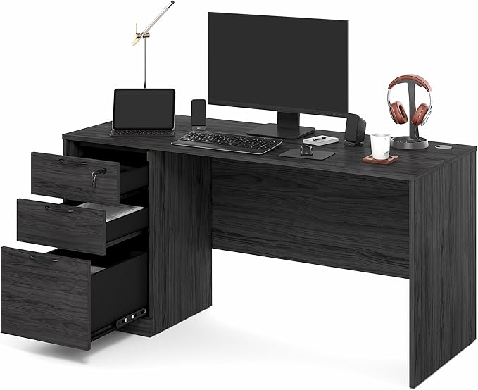 Furinno Roger 60 Inch Executive Desk with File Cabinet, Home Office Desk with 3-Drawer Fixed Pedestal Filing Cabinet, Desk Cord Grommet, for Home Office, Coastal Grey