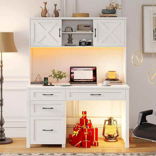 Farmhouse 67" H Executive Desk with Hutch,Office Desk with 4 Drawers and LED Light, Wood Workstation for Home Office and Study, Computer Desk with File Drawers, Charging Station.Cream White