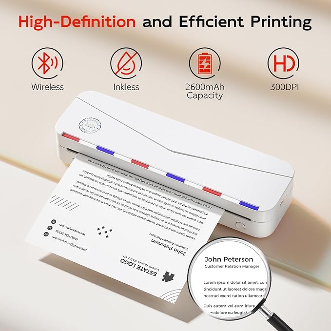 Phomemo Portable Thermal Printers for Travel, Inkless Portable Printer Support 8.5'' x 11'' US Letter Size, Wireless Printer Compatible with iOS, Android & Laptop for Office,Home,