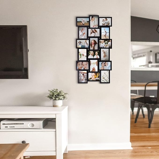 J.M.Deco Collage Picture Frames for Wall Decor, 18-Opening Reunion Family Friends Picture Frame Set, 4 x 6 Photo Frames for Living Room, Bedroom, Gallery Wall Hanging, Black
