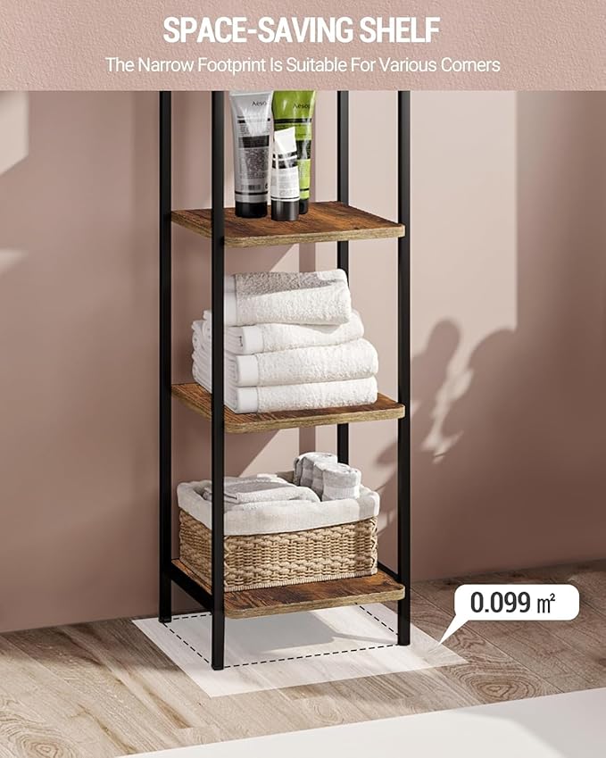Bookcase Bookshelf, Narrow Book Shelf, Industrial Corner Shelf Storage Organizer, Slim Shelving Unit for Home Office, Living Room, Bedroom, Kitchen, 5-Tier Rustic Brown and Black BC24501B