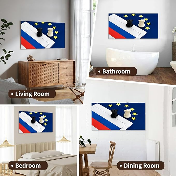 Canvas Wall Art for Living Room Bedroom Two chess knights European Union and Russian flag Big Large Wall Art Decor Framed Painting Wall Pictures Prints Artwork Office