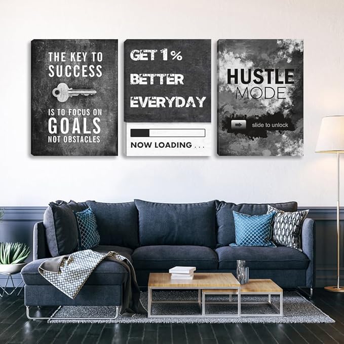 Motivational Office Wall Decor Modern Hustle Canvas Wall Art Inspirational Posters Entrepreneur Quote Canvas Art Paintings Framed 3 Panels Artwork Bedroom Living Room Home Decoration(48”Wx24”H)