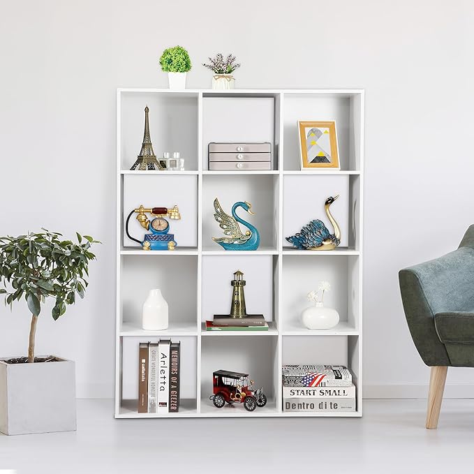 SUPER DEAL 12-Compartment Open Shelf Bookcase, 47 inch Wide Cube Storage Cabinet Wood Cubical Bookshelves Display Unit with 6 Removable Back Panels for Living Room Bedroom, White