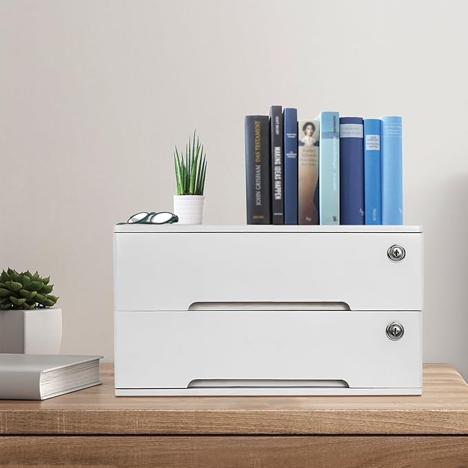 Wooden Desktop Organizer, 2 Drawers Tabletop Storage Box with Lock,Office Supplies A4 File Organizer,White