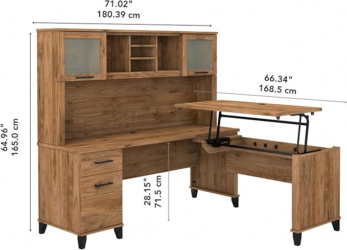Bush Home Somerset 72W 3 Position Sit to Stand L Shaped Desk with Hutch in Fresh Walnut | Adjustable Height Table for Home Office