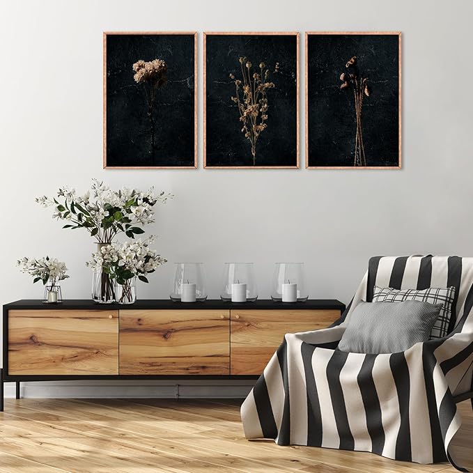 Moody Dark Orange Floral Framed Canvas Wall Art Set, Minimalist Wildflower Wall Decor, Black Flower Botanical Wall Painting, Modern Illustration Art Print Living Room, Bedroom, Office 36"x24"x3