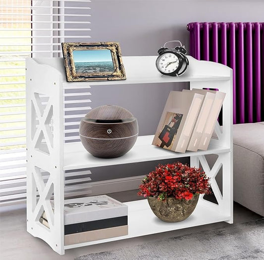 White Bookcase by Natural Wood, 4 Tier Bookshelf, Small Book Shelves Freestanding Display Storage Shelves. Open Bookshelf for Bedroom, Living Room and Office (White, 3 Tier)