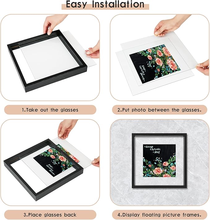 MUYE 10x10 Floating Frames Set of 2,Double Glass Picture Frame Display Any Size Photo up to 10x10,Wall Mount or Tabletop Standing,Black