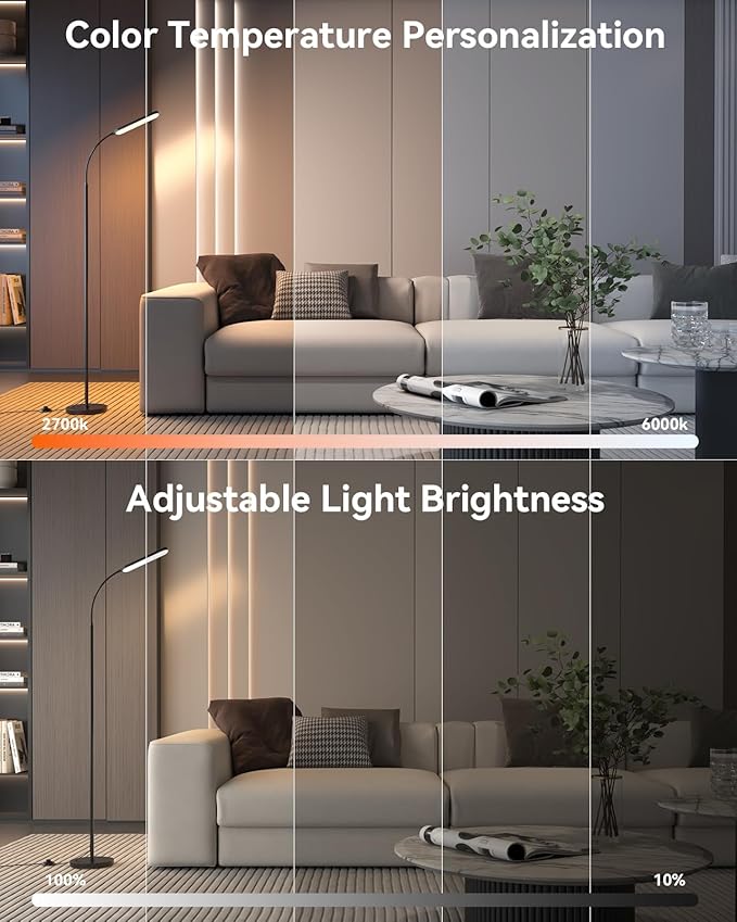 Floor Lamp - Bright 15W LED Floor Lamp with Remote & Touch Control - Stepless Dimming & Color Temperature Adjustable, Eye-Caring Standing Lamp with 1H Timer, Gooseneck Design for Living Room, Bedroom