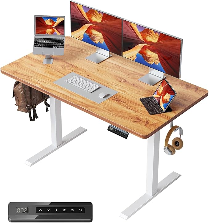 CubiCubi 40 x 24 Small One-Piece Standing Desk, Adjustable Height Electric Computer Sit Stand up Home Office Workstation, with 4 Memory Presets, Headphone Hook, Light Rustic