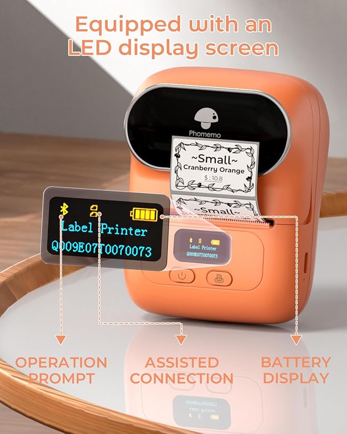Phomemo M110 Label Maker- Mini Portable Bluetooth Thermal Label Printer for Clear Label, Barcode, Clothing, Office, Business, Compatible with Android & iOS, Orange