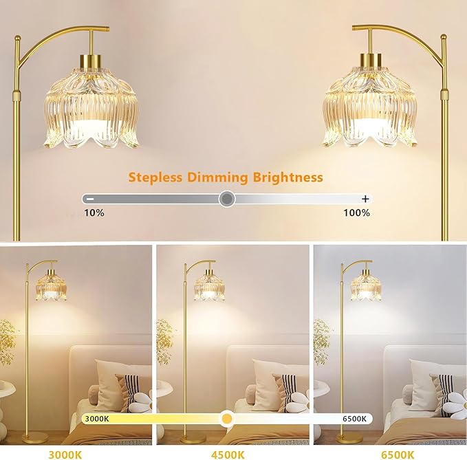 Floor Lamp for Living Room,Bedroom,Gold Dimmable Standing Lamp with Remote,Mid Century Modern Brass Tall Lamp Boho Floor Lamps Arc Stained Glass Tulip Flower Floor Light Lamp Girls Bohemian