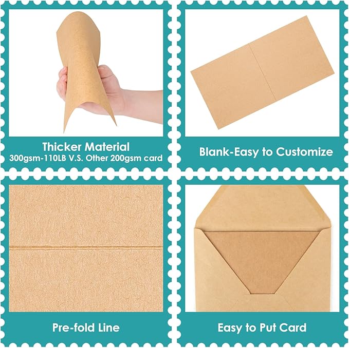 Blank Card and Envelopes 20K 6 X 6 Inch Kraft Brown Heavyweight 100LB Folded Kraft Cardstock Paper Square Envelopes for for DIY Greeting Cards, Wedding, Invitations, Baby Shower,& All Occasion