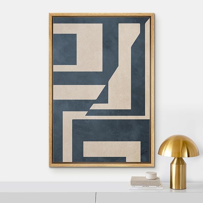 IDEA4WALL Framed Canvas Print Wall Art Blue & Tan Polygon Symbols Abstract Geometric Illustrations Modern Art Minimalism Shapes Multicolor Boho for Living Room, Bedroom, Office - 16"x24" Natural