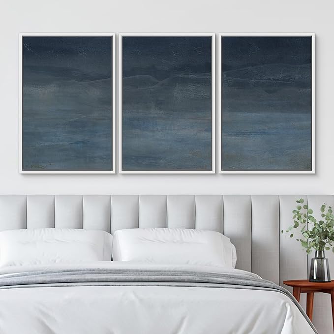 SIGNWIN Framed Canvas Print Wall Art Abstract Blue Landscape Modern Minimalist Navy Blue and Gray Nature Wilderness Modern Art Cool for Living Room, Bedroom, Office - 24"x36"x3 White