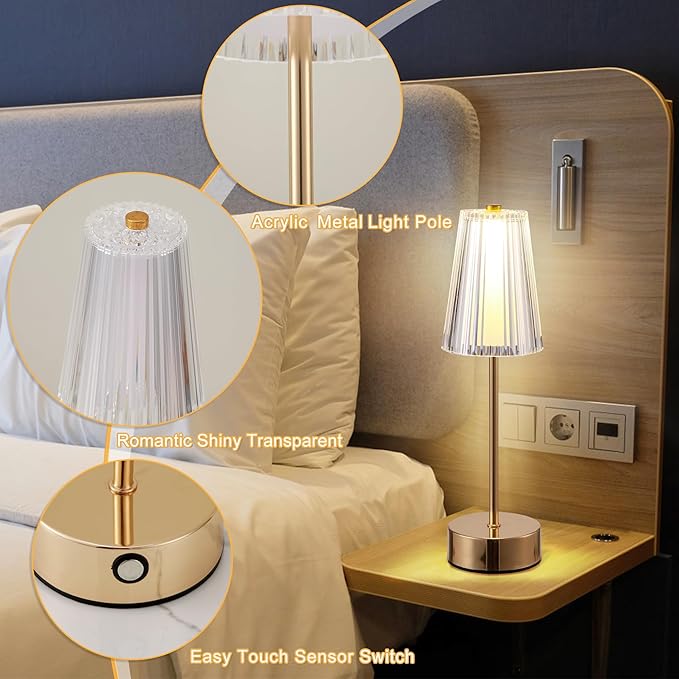 Idong Cordless Rechargeable Table Lamp, Portable Touch LED Desk Lamps, 5200mAh Battery Operated 3 Color Stepless Dimming, Small Wireless Metal Crystal Lamp for Bedside Bedroom Outdoor Restaurant Patio