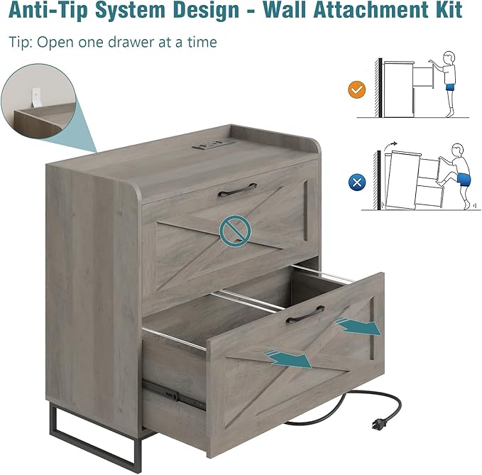 2 Drawer Lateral File Cabinet, Filing Cabinet with Charging Station for Letter/Legal/A4 Size Hanging Files, Modern Farmhouse File Cabinet for Home Office, Printer Stand with Storage, Washed Gray