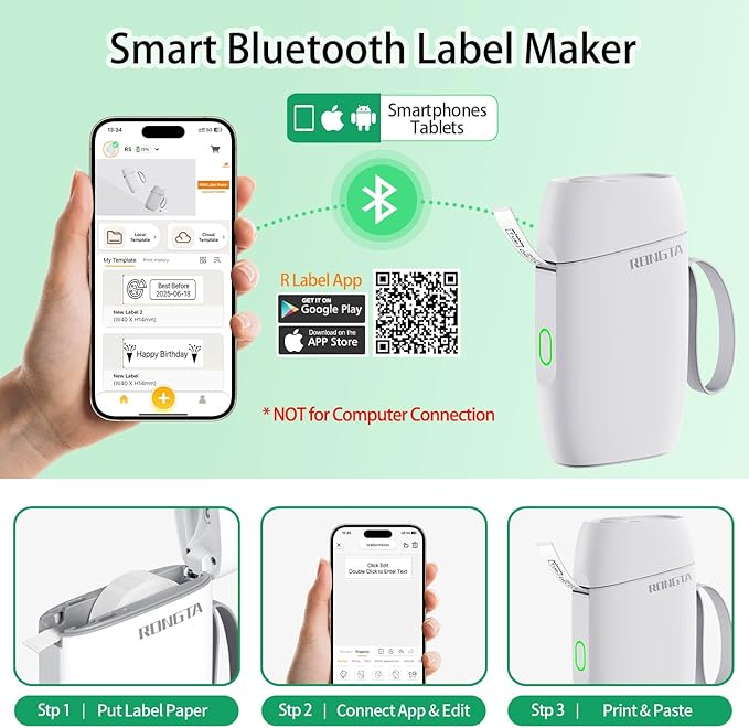 Rongta Label Maker Machine with Tape, Bluetooth Label Printer, Wireless Mini Label Makers with Multiple Templates for Organizing School Office Home, (White)