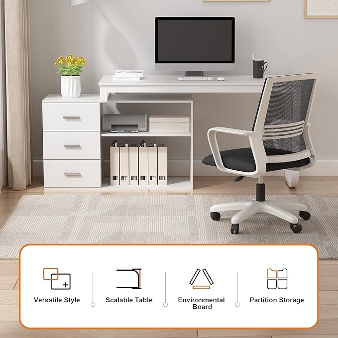 FUFU&GAGA 55.1" Large L-Shaped Office Desk with 39" File Cabinet, Corner Computer Desk with 3 Drawers & 2 Shelves, Workstation Executive Desk with Storage Shelf for Home Office (White)