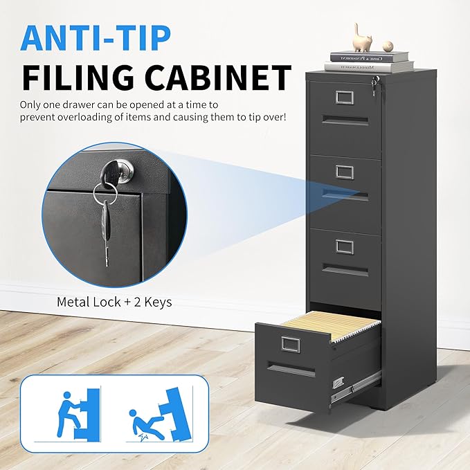 4 Drawer File Cabinet, Vertical File Cabinet with Lock, Metal Locking Filing Storage Cabinet for Home Office, Hanging Files for A4/ Legal/Letter, Assembly Required, Black