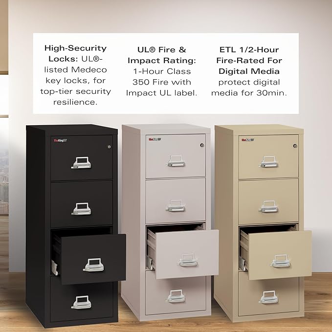 Fireking Fireproof Vertical File Cabinet (4 Letter Sized Drawers, Impact Resistant, Water Resistant), 52.25" H x 17.75" W x 25.06" D, Platinum
