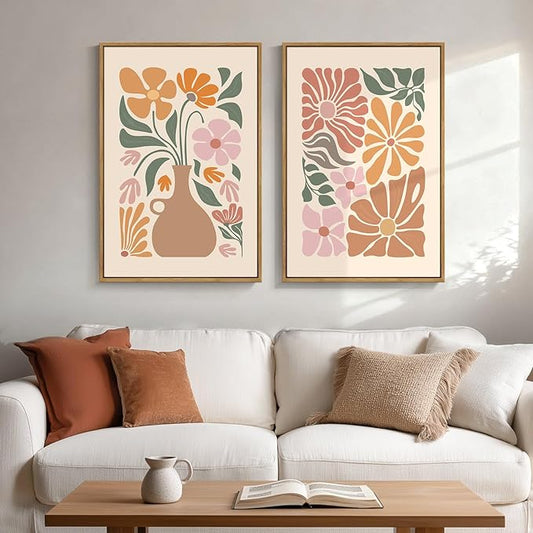 Framed Boho Floral Botanical Wall Art for Room Decor, Set of 2 Abstract Neutral Flower Canvas Print Artwork for Walls, Bohemian Mid Century Modern Wall Decor for Living Room Bedroom Office, 20x30 Inch
