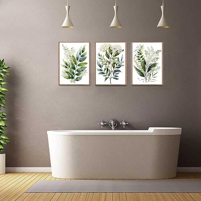 Bwodke Botanical Wall Art Plant Floral Watercolor Poster Canvas Prints Set of 3 Framed Sage Green Painting Eucalyptus Leaf Picture Modern Minimalist Home Decor Bedroom Bathroom Living Room 16"x24"