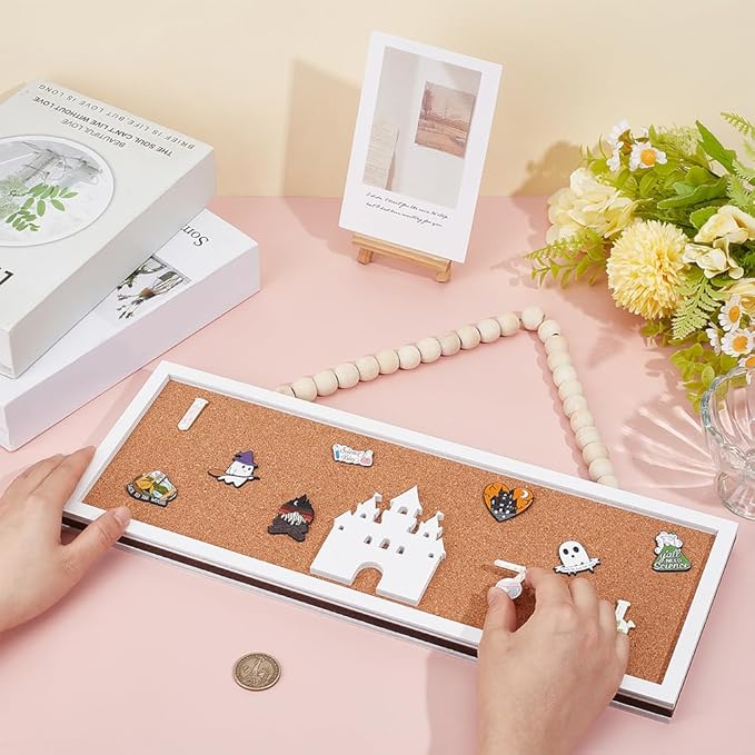 BENECREAT Rectangle Castle Pin Board Cork Board, 15x5 Inch Bulletin Display Board, Wall Mounted Cork Board for Brooch Pin Collection Display Office Home Bedrooms (White)