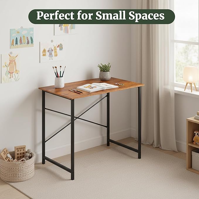 Computer Desk 32 Inch, Simple Home Office Desk Study Writing Table, Sturdy Metal Frame, Scratch-Resistant MDF Desktop for Bedroom Dorm Workspace Small Space, Brown