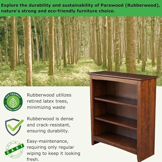Solid Wood Bookcase 36" High, Parawood, Adjustable Shelves, Kitchen/Dining Furniture