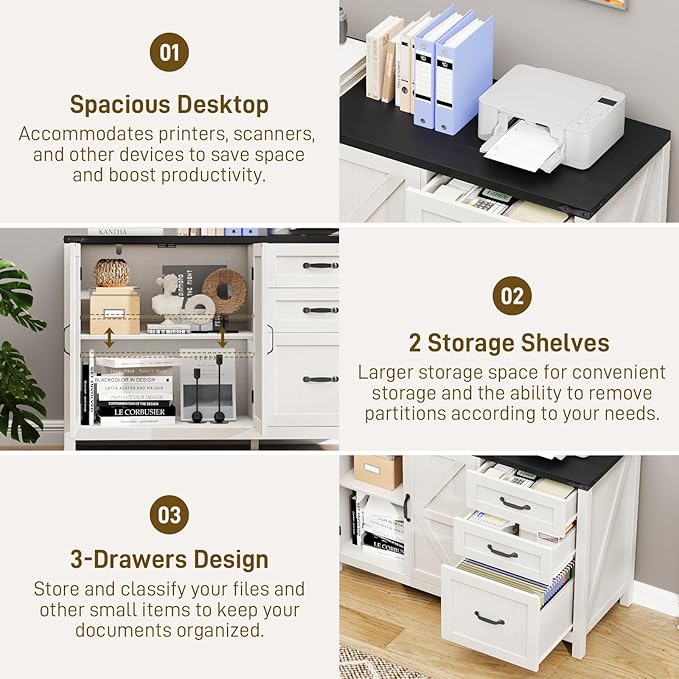 3 Drawer File Cabinet, Farmhouse Lateral Filing Cabinet with Doors for Letter/A4 Size Hanging Files, Large Wood Storage Cabinets Printer Stand with Adjustable Shelf for Home Office, White and Black