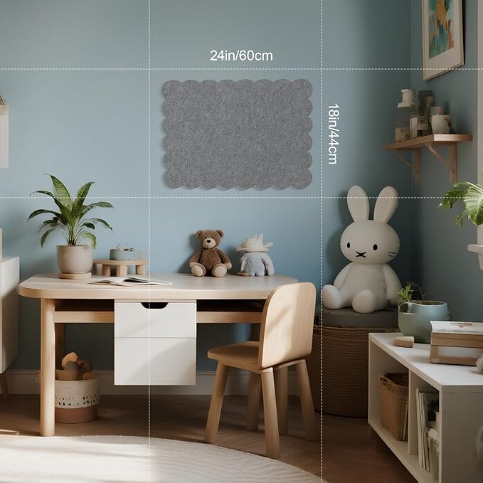 Scalloped Bulletin Board, 24 x 18 Inches Felt Pin Board - Decorative Cork Alternative for Wall, Foldable Picture Self-Adhesive Vision Prayer Board with 20 Pushpins - Gray