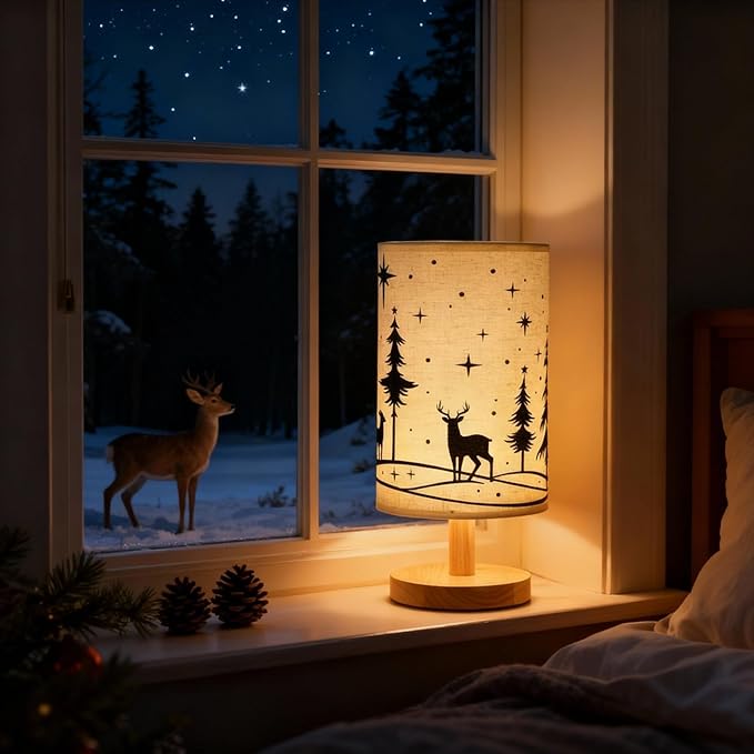 Christmas Lamp Christmas Decorations Indoor 11.6 Inch Small Xmas Tree Deer Bedside Table Light LED Desk Light USB Nightstand Lamp with Non Slip Wood Base Lampshade for Gifts Home Desk