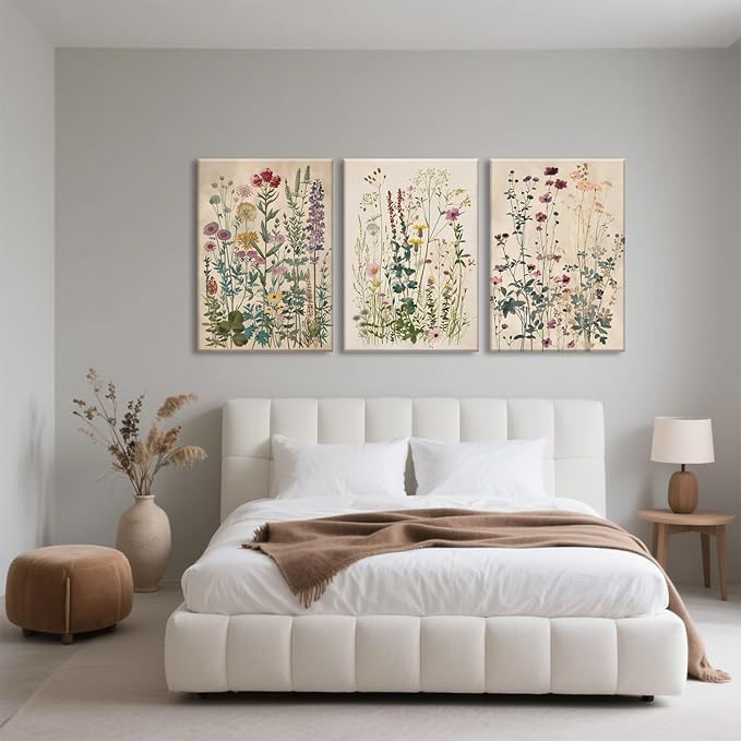 TUEASKY 3 Piece Canvas Wall Art Wildflower Wall Decor Botanical Pictures Floral Paintings Vintage Prints Watercolor Artwork for Bedroom Living Room