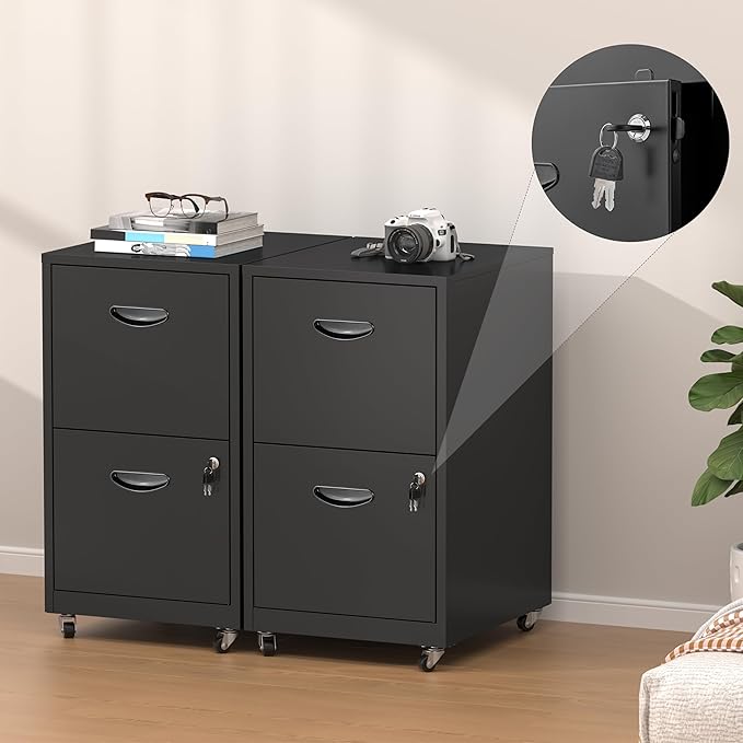 2 Drawer Rolling File Cabinet with Lock,Filing Cabinets for Home Office,Two Drawer File Cabinet, Mobile Under Desk File Cabinets, Printer Stand with Wheels Fit Letter/A4,Assembly Required