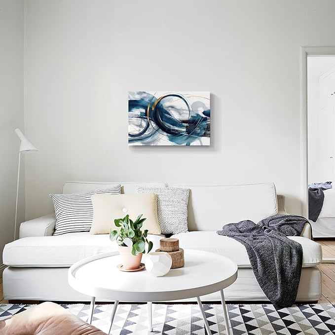 gaosoul Modern Abstract Canvas Wall Art Dynamic Blue Gold Lines Doodled on White Background Paintings Framed Minimalism Artwork Prints for Living Room Bedroom Office Decor 24x16in