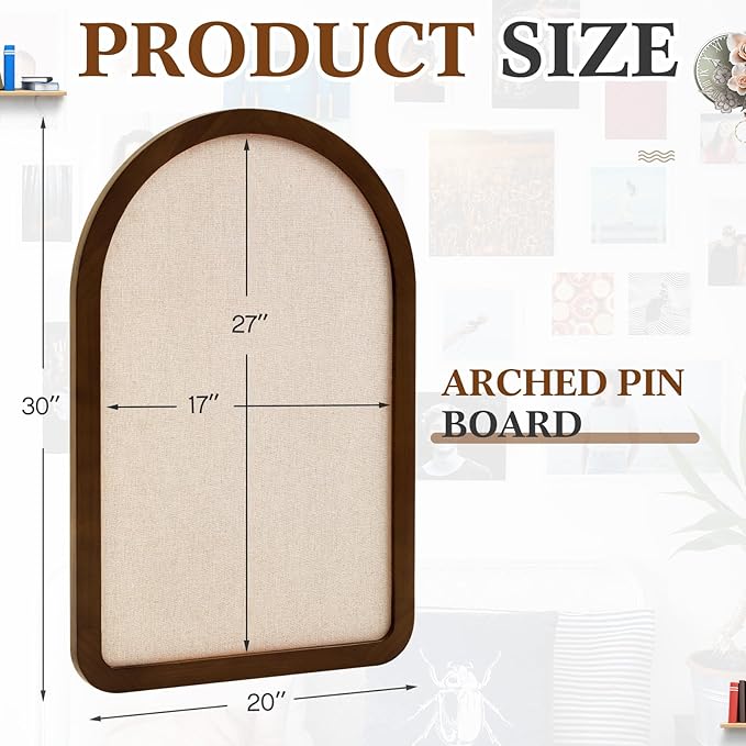 Vintage Framed Pin Board Linen Display Bulletin Board Large Cork Fabric Picture Photo Pinboard Memo Ornate Decorative Pinboard Ornate for Wall Gift(Arch,20'' X 30'',Farmhouse Brow)